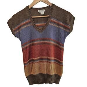Vintage 80s Sweater Womens Medium Brown Knit Short Sleeve V-Neck Mod Striped
